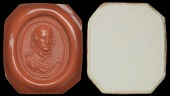 XVI: Later Cromwell Medals, Cromwell, Lord General, 1650, a red wax impression of the oval medal by T. Simon,...