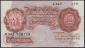 ERROR: Bank of England, Percival S. Beale, 10 Shillings, 17 March 1950, serial number K54Z 902172, with half of the...