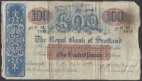 Royal Bank of Scotland, £100, 1 July 1940, serial number D 39/7679, two manuscript signatures, pen and ink graffiti...