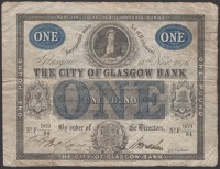 City of Glasgow Bank, £1, 11 November 1876, serial number F 969/84, two manuscript signatures, a clean, strong and...
