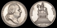 Restoration of the Statue of Henri IV, 1817, a silver medal by B. Andrieu, bust of Louis XVIII right, rev....