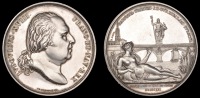 Bridge over the River Garonne at Bordeaux, 1821, a silver medal by B. Andrieu and J.E. Gatteaux, bust of Louis XVIII...