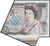 ERROR: Bank of England, George M. Gill, £20, 1988, serial number ?S 338497, with a significant cutting error...