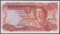States of Jersey, £20, 1976, serial number AB 000008, Clennett signature, uncirculated, low number from the first...