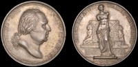 Collections of Greek and Egyptian Art, 1822, a silver medal by B. Andrieu and A.J. Depaulis, bust of Louis XVIII...