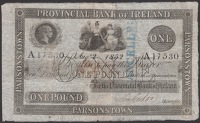 Provincial Bank of Ireland, £1, Parsonstown, 2 August 1852, serial number A17530, faded blue CANCELLED handstamp,...