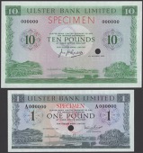 Ulster Bank Limited, specimen £1, 15 February 1971, serial number A000000, and specimen £10, 4 October 1966,...