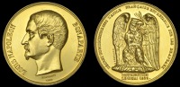 Distribution of Flags to the Army, 1852, a copper-gilt medal by J-P. Montagny, bare head of Louis Napoleon Bonaparte...