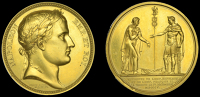 Meeting of Napoleon and Emperor Franz II, 1805, a copper-gilt medal by J-P. Droz and B. Andrieu, laureate head of...