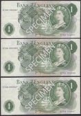 ERROR: Bank of England, John B. Page, a trio of £1, 1970, with mismatched serial numbers, all with prefix ET68,...