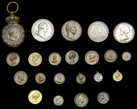 Alienation of Royal Lands, 1677, silver, by V (Varin?), 28mm; Society of Inventions and Discoveries, 1791, silver,...