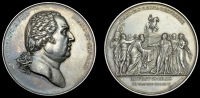 Entry of Louis XVIII into Paris, 1814, a silver medal by A. Galle, bust right, rev. Paris offering Louis the keys to...
