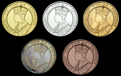 Medals, 50th Anniversary of Accession, 1986, a set of five medals, unsigned [by L. Morel], in aluminium,...