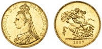 Victoria (1837-1901), Five Pounds, 1887 (Hill F30; S 3864). Almost as struck, proof-like, with some mint...