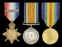 Three: Gunner T. F. Walden, Royal Garrison Artillery

1914 Star, with clasp (30979 Gnr: T. F. Walden. R.G.A.);...