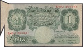 ERROR: Bank of England, Leslie K. O’Brien, £1, 21 November 1955, serial number S40J 209541, with shark-fin error...
