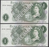 ERROR: Bank of England, John B. Page, £1 (2), 1970, both with mismatched serial numbers BT06 788656-66 and BT06...