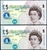 ERROR: Bank of England, Merlyn V. Lowther, £5 (2), 21 May 2002, serial numbers HE05 926885 and HE05 926818, both...