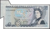 ERROR: Bank of England, John B. Page, £5, 1973, serial number AY73 896836, with large flap of extra paper at top...