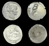 Roman Imperatorial Coinage, CÆSARIANS, Mn. Cordius Rufus, Denarii (2), c. 46, crested Corinthian helmet right,...