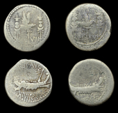 Roman Imperatorial Coinage, SECOND TRIUMVIRATE, Mark Antony, Denarii (2), mobile military mint, 32-31, galley right,...