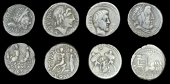 Roman Republican Coinage, L. Calpurnius Piso Cæsoninus and Q. Servilius Cæpio, Denarius, c. 100, head of Saturn...