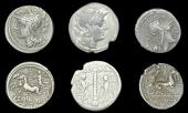 Roman Republican Coinage, Tiberius Minucius, Denarius, c. 134, helmeted head of Roma right, rev. two togate figures...