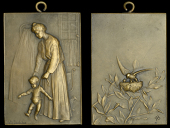 FRANCE, Les Premiers Pas, 1905, a bronze plaque by R. Baudichon, mother supporting an infant taking its first steps,...