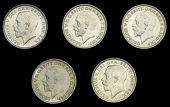 George V (1910-1936), Sixpences (5), 1917, 1923, 1930, 1932, 1935 (ESC 3878, 3886, 3905, 3910, 3917; S 4014, 4024,...