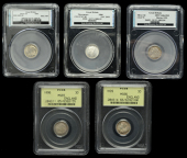 Victoria (1837-1901), Threepences (5), 1886, 1893 old head, 1895, 1896, 1899 (ESC 3433, 3444, 3447-8, 3451; S 3914,...