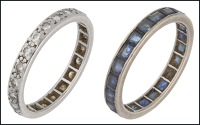A diamond eternity ring and a sapphire eternity ring, first, set throughout with brilliant-cut diamonds, 2nd:...