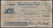 West Riding Bank, Wakefield, for Leatham, Tew and Company, £5, 1 June 1899, serial number B9998, Leatham signature...