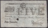 Warwick & Warwickshire Bank, for Greenway, Smith & Greenways, £5, 3 July 1886, serial number 28025, Greenway...