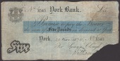 York Bank, for Swann, Clough & Co., £5, 20 November 1875, serial number M545, signature half torn off as a...