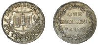 Devon, County series, ‘Morgan’s’ Shilling, arms, shield plain, rev. value in wreath, edge grained, 3.24g/12h...