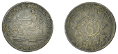 Dorset, Poole, ‘Morgan’s’ mule Sixpence, in copper, Justice seated left, ship at left, six pence silver token...