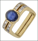 A sapphire and diamond dress ring, the oval cabochon sapphire between shoulders channel-set with step-cut diamonds,...
