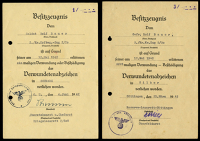A Pair of German Second War Citations.
Two A5 size citations, both punch holed for filing awarded to Gefreiter Rolf...