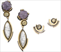 Two pairs of silver and gem set earrings by Barbara Bertagnolli, comprising a pair of amethyst crystal, yellow...
