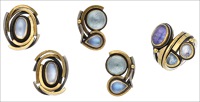 Two pairs of gem set ear pendants and a gem set ring by Barbara Bertagnolli, the first pair centred with oval...