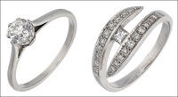 A diamond single stone ring and a diamond set crossover ring, the first, set with an old brilliant-cut diamond in...