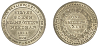Suffolk, Needham Market, J. Steward, ‘Morgan’s’ Shilling, 1811, legend, rev. value in wreath, edge grained,...