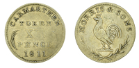 Carmarthenshire, Carmarthen, Morris & Sons, imitation Shilling, 1811, base silver, cockerel standing left, 4 berries...
