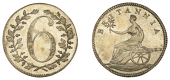 Not Local: British, Westwood’s Sixpence, 1811, value in wreath, rev. Britannia seated left on cannon, top leaf...