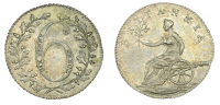 Not Local: British, Westwood’s Sixpence, 1811, value in wreath, rev. Britannia seated left on cannon, top leaf...