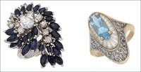 A gem-set ‘Alouette’ dress ring by Erté and a sapphire cluster ring, the first, set with an oval-cut blue topaz...