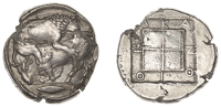Greek Coinages, MACEDON, Akanthos, c. 460, Tetradrachm, Attic standard, lion attacking bull falling left, fish below...