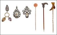 A collection of antique jewels, first, three late 18th century graduated drops, joined to form a jewelled fob, each...