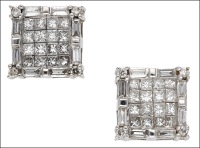 A pair of diamond earrings, each square stud pavé-set with princess-cut diamonds within an outer border of baguette...