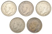 George V (1910-1936), Florins (5), 1921, 1922, 1923, 1925, 1926 (ESC 3768-9, 3774, 3777-8; S 4022A) [5]. About...